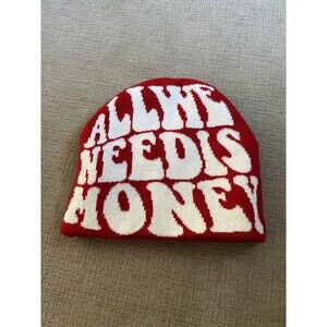 All We Need Is Money Hat Beanie Fitted Mens One Size Red White Slogan Winter
